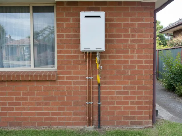 Wall-mounted hot water unit with copper and gas pipes on a brick house exterior in Lalor Park